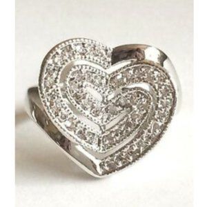 Silver Heart Cocktail Ring Size 5 6 10 Cubic Zirconia Statement Rhodium Plated